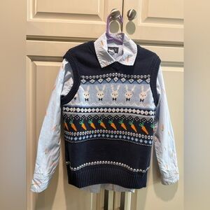 The Children’s Place Navy V-Neck Sweater Vest with Rabbit and Carrot Design